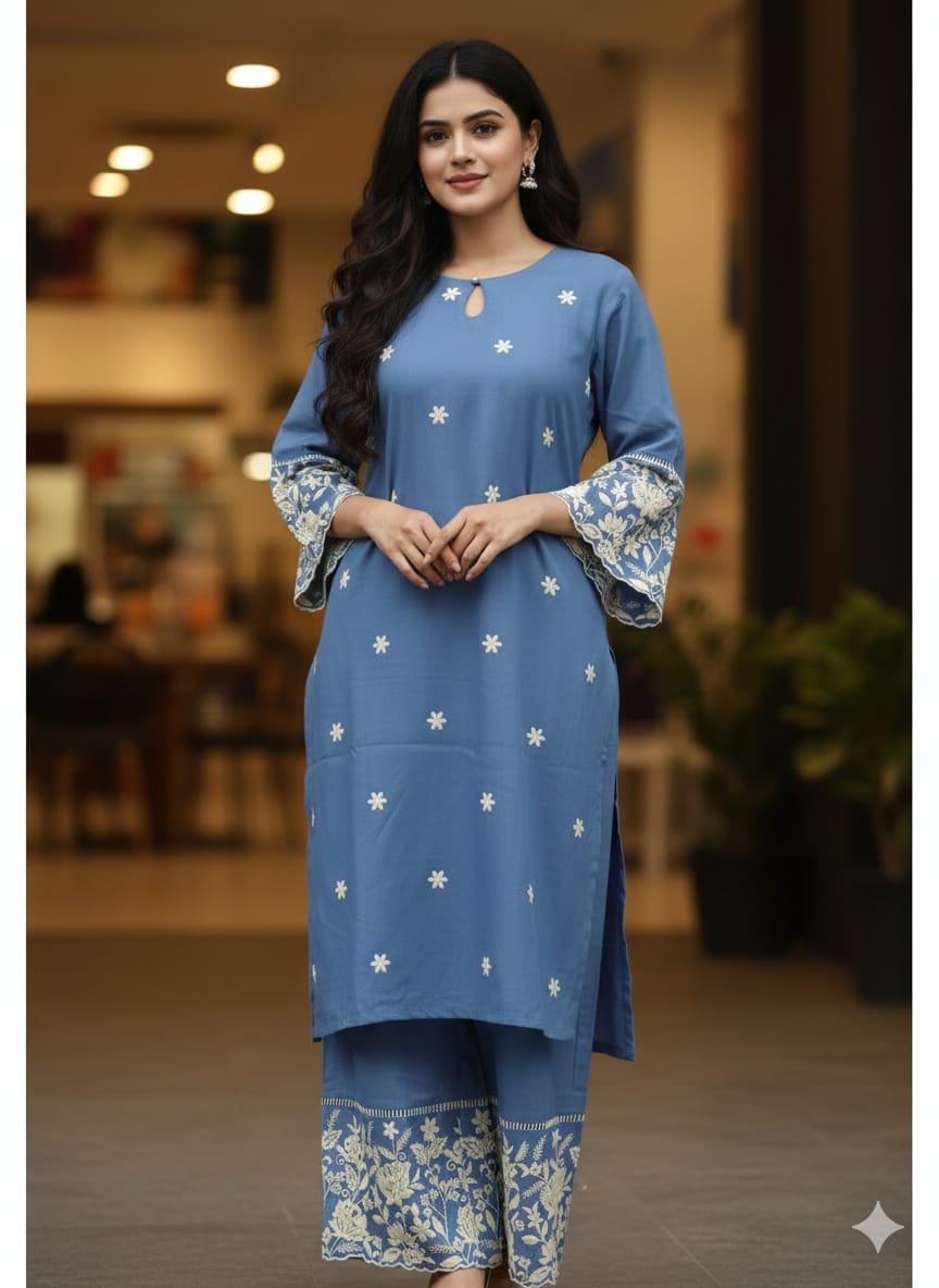 Elegant Floral Embroidery Kurti Pant Set for Women