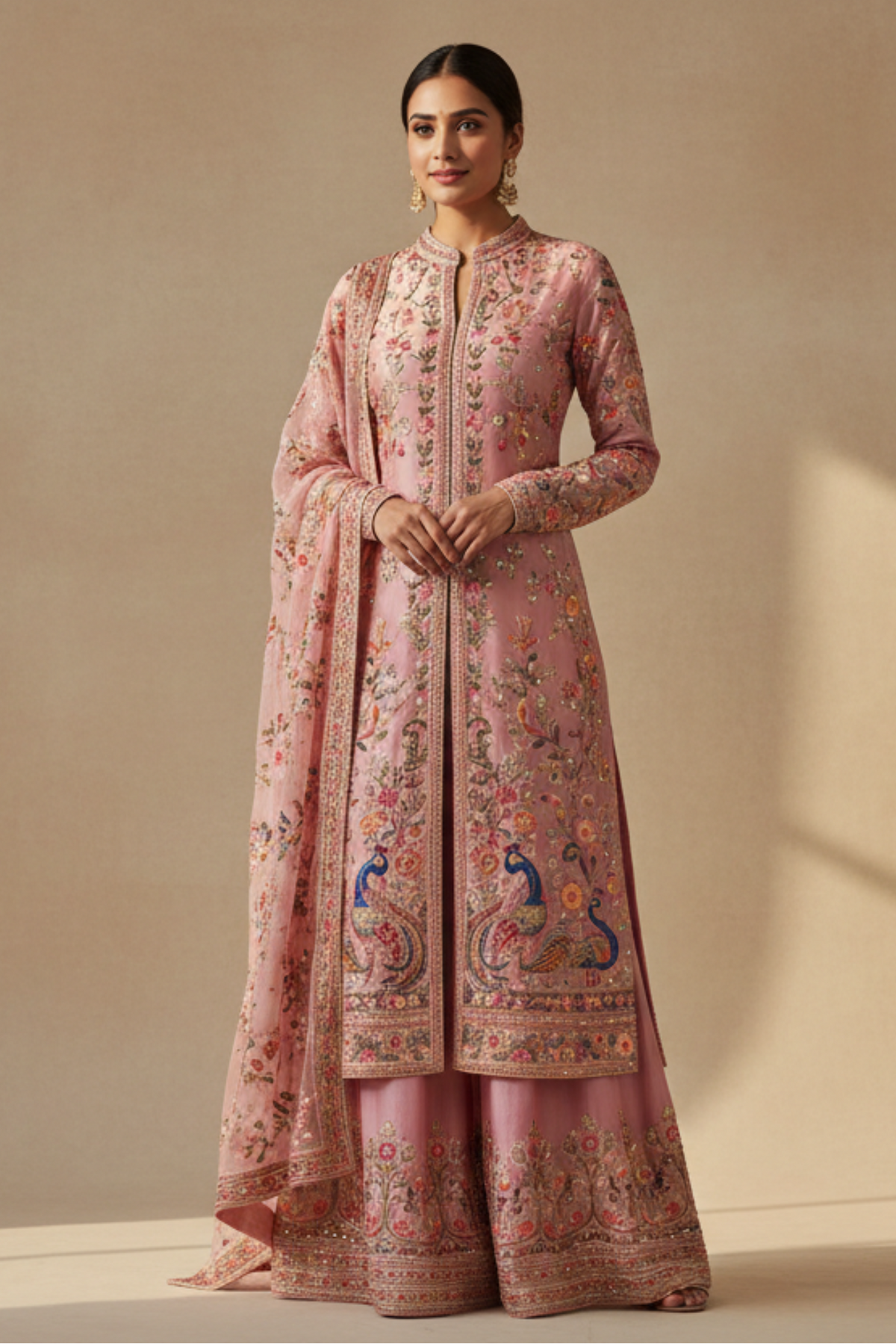 Elegant festive indian co ord set outfit embroidered ethnic coordinated set for women graceful pose soft warm sunlight premium ethnic fashion photography neutral beige background clas