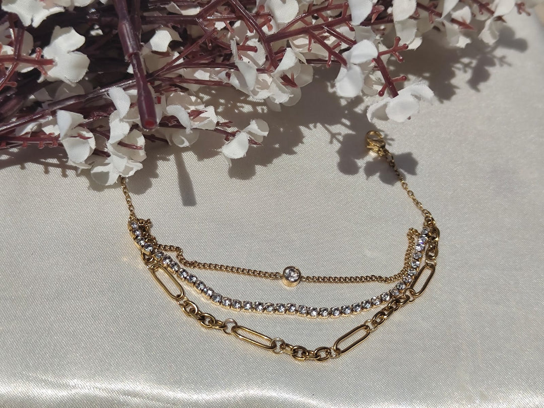 Gold-Plated 3-Strand Layered Anti-Tarnish Bracelet with Crystals