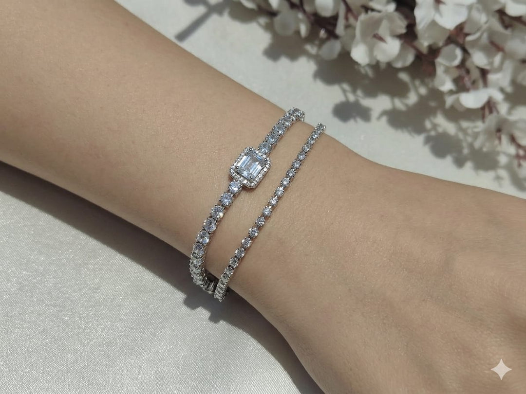 Luxury silver bracelet set featuring dazzling premium-cut stones with an elegant statement centerpiece ✨