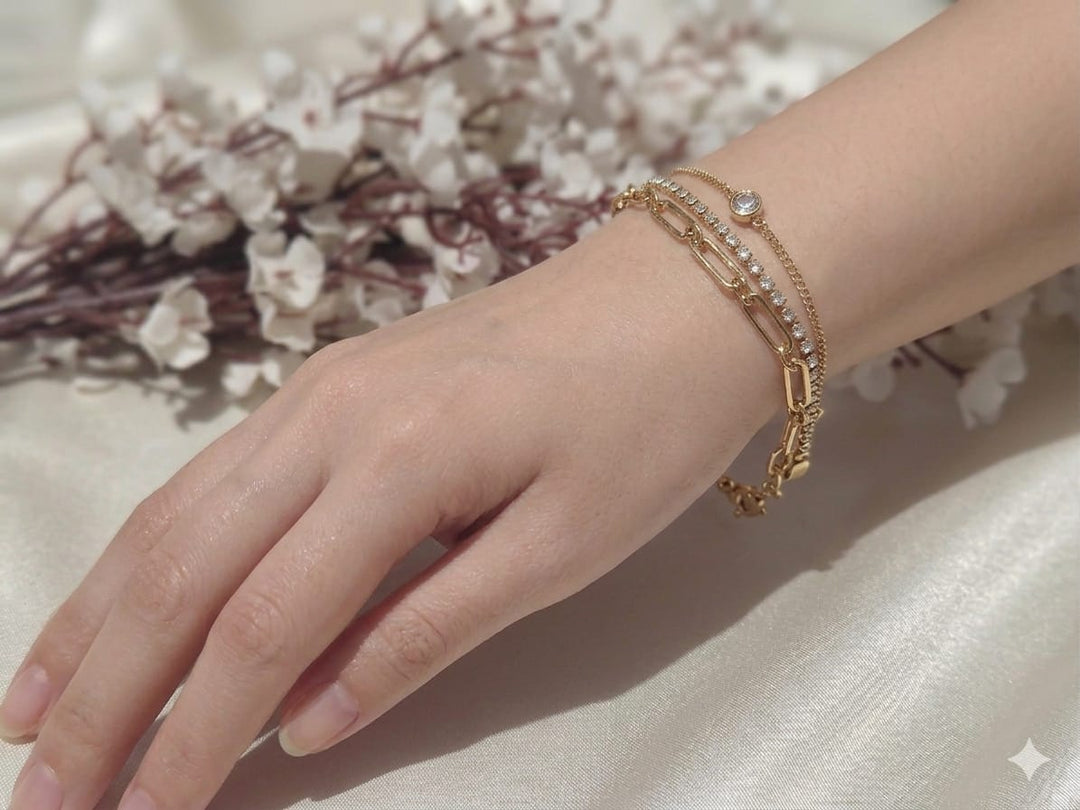 Gold-Plated 3-Strand Layered Anti-Tarnish Bracelet with Crystals