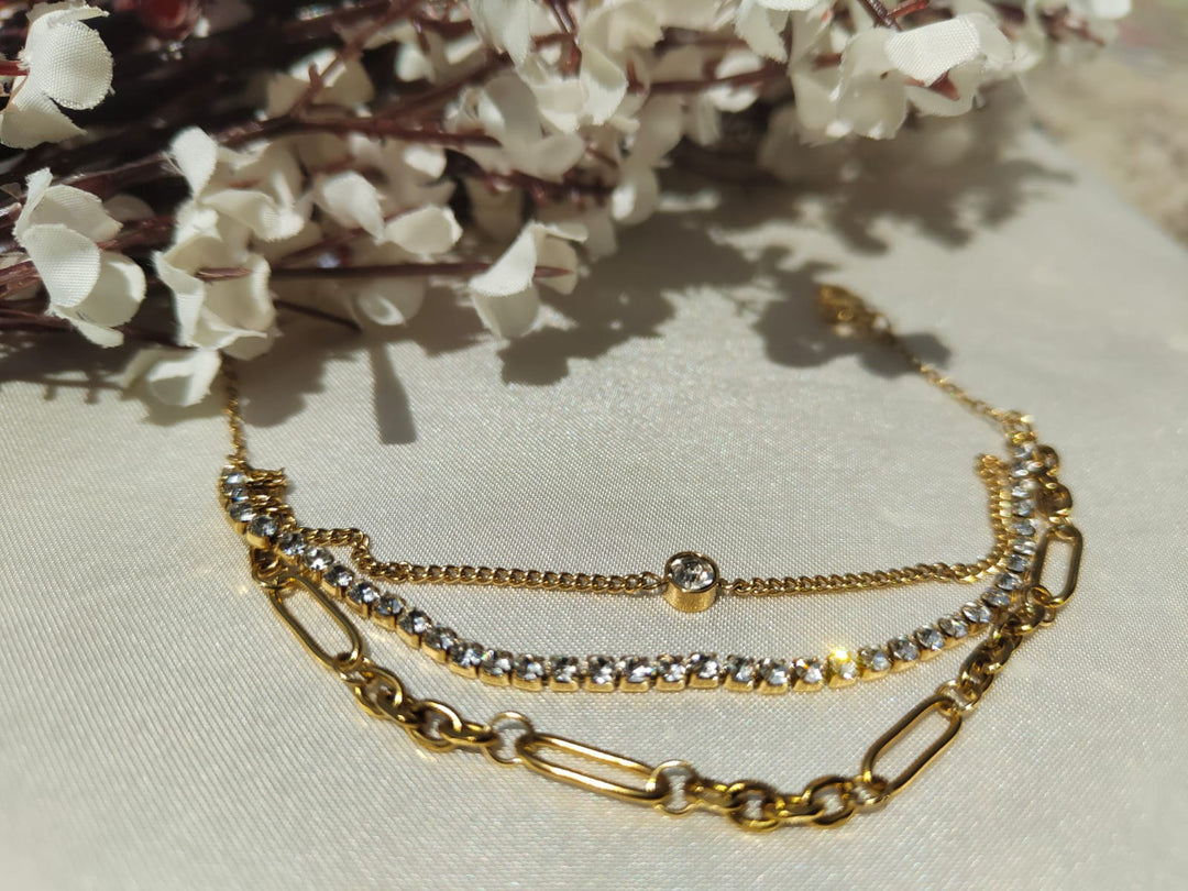 Gold-Plated 3-Strand Layered Anti-Tarnish Bracelet with Crystals
