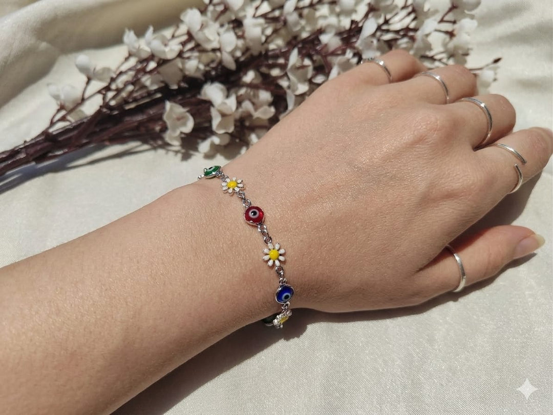 Daisy & Multi-Color Evil Eye Charm Bracelet