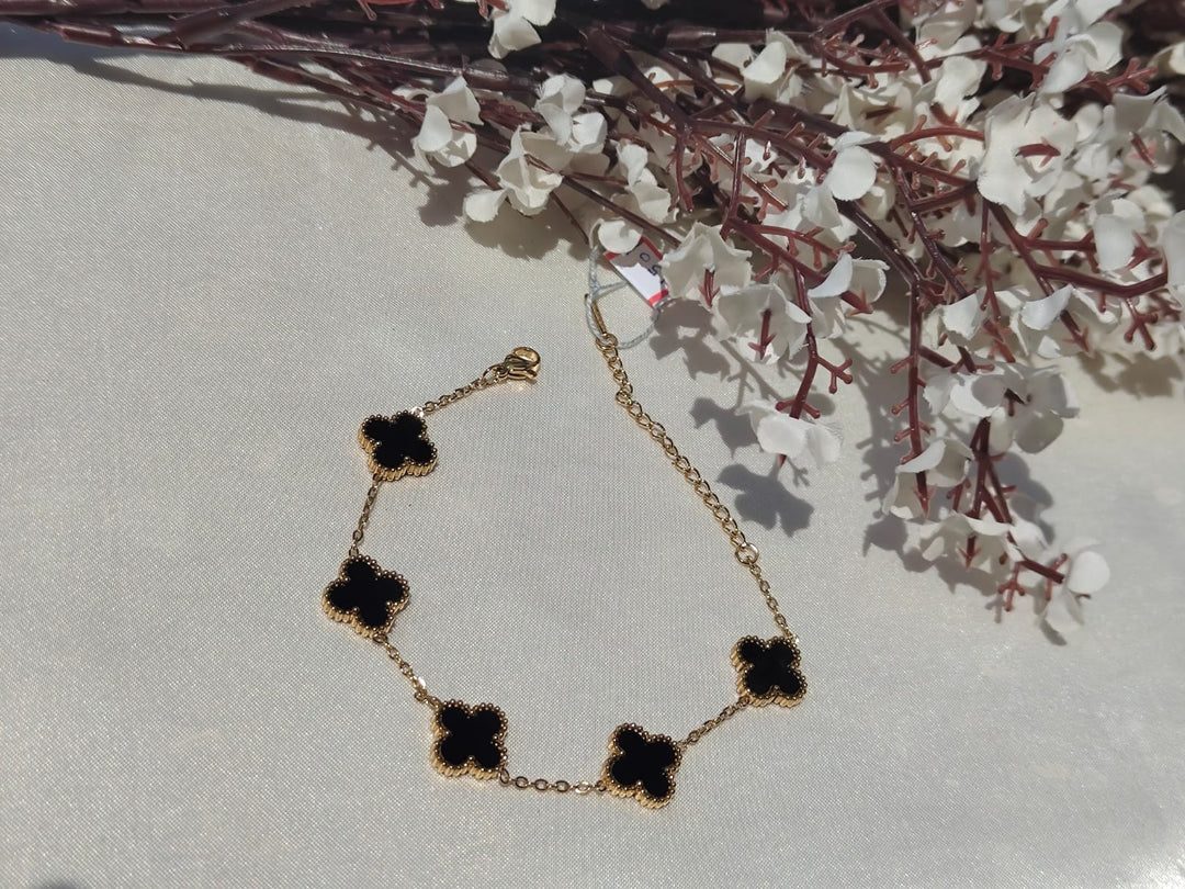 Gold-Plated Anti-Tarnish Black Clover Station Bracelet